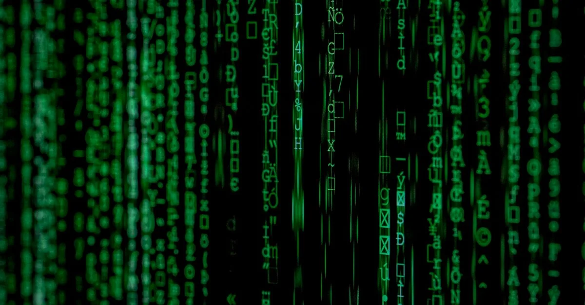 Fond abstrait en code matrix vert avec un style binaire.
